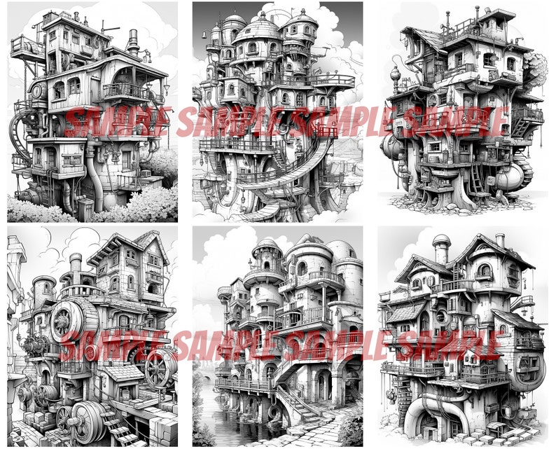 Fantastical Machine Homes Coloring Pages: Intricate Line Art for Adults ...