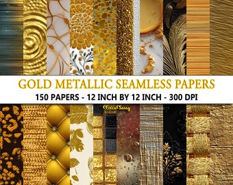 Pacote de Papéis Digitais: Texturas Metálicas Douradas Sem Emenda - 150 Padrões