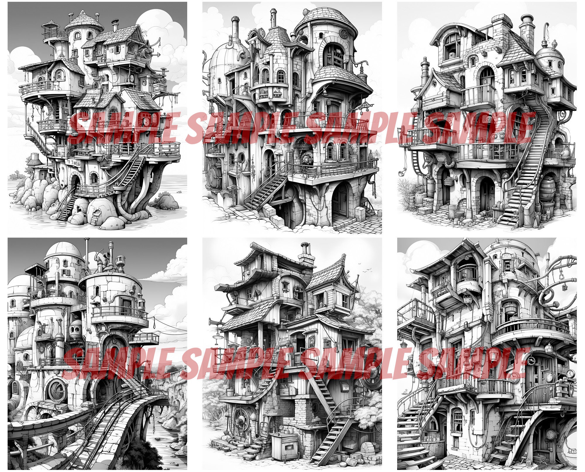 Fantastical Machine Homes Coloring Pages: Intricate Line Art for Adults ...