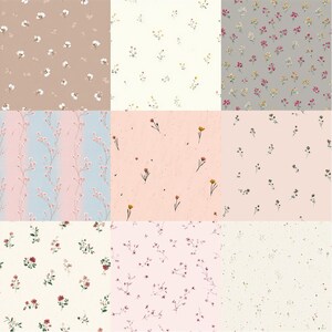 Pode incluir: S&atilde;o apresentados nove padr&otilde;es florais diferentes. Os padr&otilde;es apresentam pequenas flores em v&aacute;rias cores, incluindo branco, amarelo, rosa e vermelho, contra fundos bege, creme, cinza e rosa. Alguns padr&otilde;es t&ecirc;m um design de flores espalhadas, outros uma disposi&ccedil;&atilde;o mais estruturada.