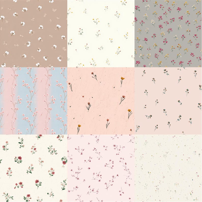 Pode incluir: S&atilde;o apresentados nove padr&otilde;es florais diferentes. Os padr&otilde;es apresentam pequenas flores em v&aacute;rias cores, incluindo branco, amarelo, rosa e vermelho, contra fundos bege, creme, cinza e rosa. Alguns padr&otilde;es t&ecirc;m um design de flores espalhadas, outros uma disposi&ccedil;&atilde;o mais estruturada.