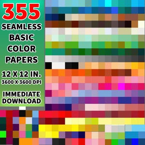 May include: A vibrant digital art piece featuring a grid of colorful squares. The image showcases a variety of hues, including blues, greens, oranges, and pinks. Text on the left reads "355 SEAMLESS BASIC COLOR PAPERS 12 X 12 IN. 3600 X 3600 DPI IMMEDIATE DOWNLOAD."