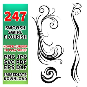 Puede incluir: Elementos de diseño en blanco y negro de tipo swoosh, remolino y adorno. La imagen incluye el texto "247 SWOOSH SWIRL FLOURISH" y opciones de tipo de archivo como PNG, JPG, SVG, PDF, EPS y DXF. También está presente el texto "IMMEDIATE DOWNLOAD".