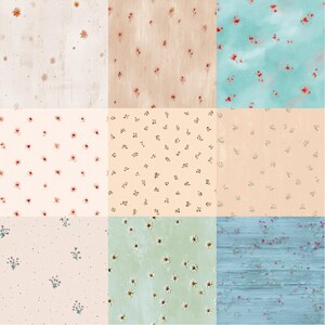 Pode incluir: Nove designs de padr&otilde;es florais. Os padr&otilde;es apresentam pequenas flores em v&aacute;rias cores, incluindo vermelho, rosa e branco, contra fundos bege, azul claro e verde. Alguns padr&otilde;es t&ecirc;m uma apar&ecirc;ncia desgastada ou texturizada.