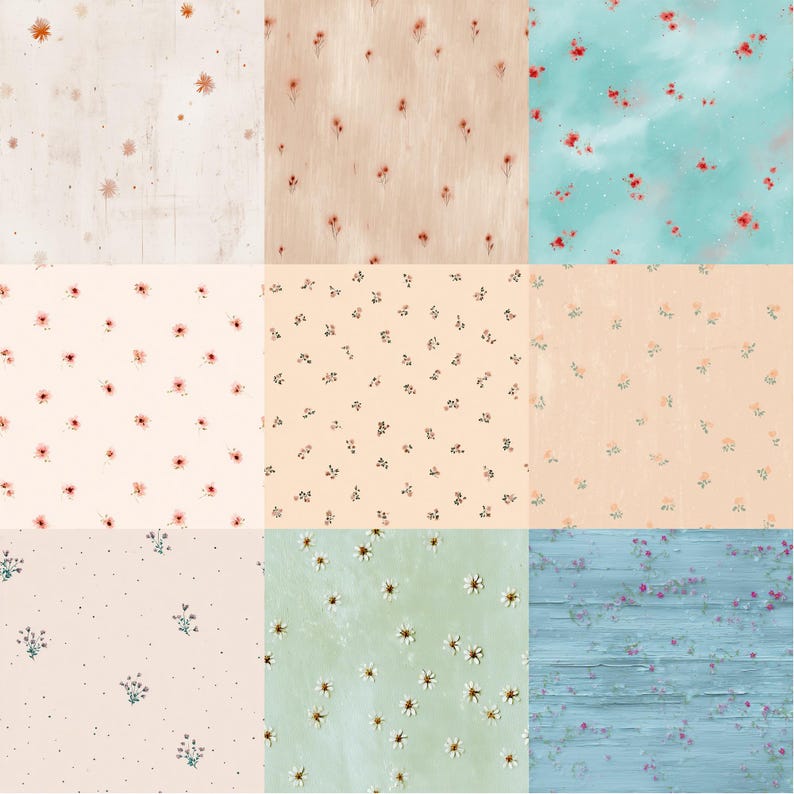 Pode incluir: Nove designs de padr&otilde;es florais. Os padr&otilde;es apresentam pequenas flores em v&aacute;rias cores, incluindo vermelho, rosa e branco, contra fundos bege, azul claro e verde. Alguns padr&otilde;es t&ecirc;m uma apar&ecirc;ncia desgastada ou texturizada.