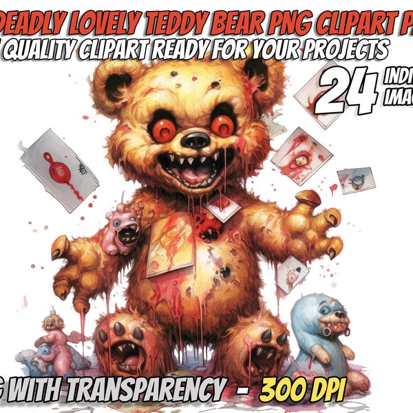 24 Deadly Lovely Teddy Bears Clipart bundle, commercial use PNG, teddy bear, toy horror clipart, cute horror clipart, scary teddy bear