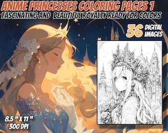 36 Anime Princesses 1 Coloring Pages for Adults Kids and Teens, 8.5 x 11, 300 DPI, Instant Download, Manga, Kawaii, coloring book, greyscale