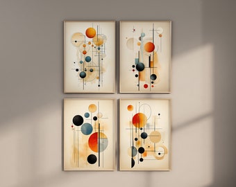 Retro-Futurism Mid Century Boho Paintings Bundle Poster Set, Geometric Balance, Orange Amber Indigo, Abstract Art