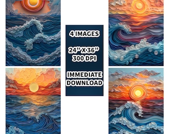 Four paper quilling ocean sunset Paintings, paper quilling, ocean, sunset, Wall Decor, Wall Art, Wall Painting, Poster, 24 by 36 inches