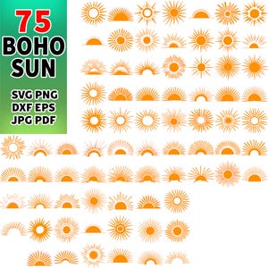 Pode incluir: Uma coleção de 75 designs de sol laranja em vários estilos. A imagem inclui sóis inteiros, meios sóis e raios de sol. O texto à esquerda diz "75 BOHO SUN" e lista os formatos de arquivo: SVG, PNG, DXF, EPS, JPG e PDF.