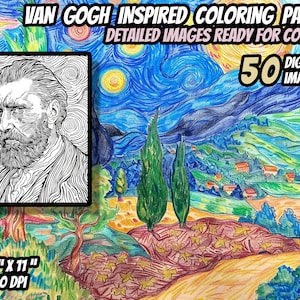 Op de afbeelding: Een set van 50 digitale kleurplaten geïnspireerd door het werk van Van Gogh. De platen bevatten gedetailleerde afbeeldingen van landschappen, portretten en andere iconische scènes uit zijn schilderijen. De afbeeldingen zijn klaar om in te kleuren met je favoriete kunstbenodigdheden. De platen zijn 21,6 cm bij 27,9 cm en 300 DPI.