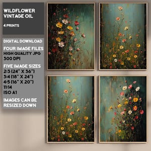 Wildflower Field Framed Wall Art set of 4 prints, Vintage Botanical Landscape, Floral Decor, Modern Farmhouse Art, Field Of Flowers Canvas