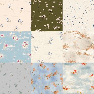 Pode incluir: S&atilde;o apresentados nove padr&otilde;es florais diferentes, cada um com uma paleta de cores e um design &uacute;nicos. Os padr&otilde;es apresentam v&aacute;rias flores e folhagens, com cores que variam do azul e rosa ao laranja e verde. Os fundos variam de claros a escuros.