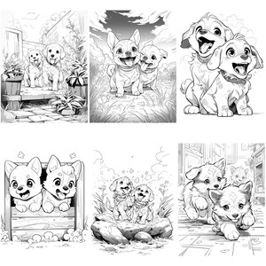 May include: Black and white line art illustrations of various dogs in different poses. The illustrations feature a variety of dog breeds, including a chihuahua, a bloodhound, and a labrador retriever.