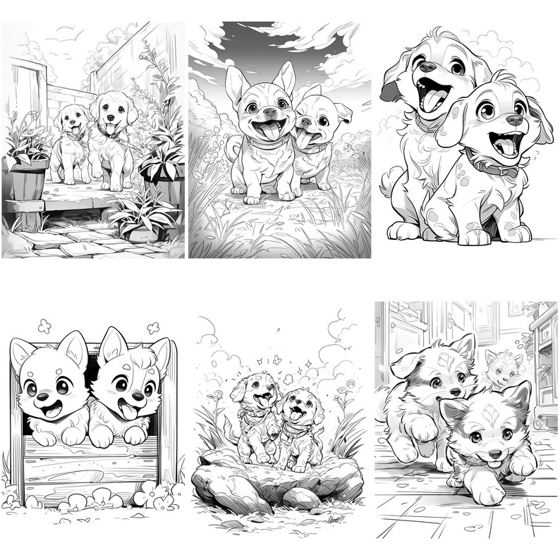 May include: Black and white line art illustrations of various dogs in different poses. The illustrations feature a variety of dog breeds, including a chihuahua, a bloodhound, and a labrador retriever.