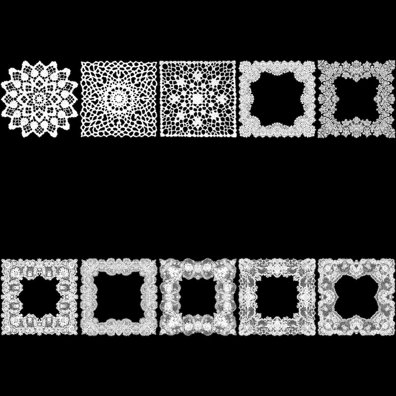 Puede incluir: Una colecci&oacute;n de tapetes y marcos cuadrados de encaje blanco con intrincados patrones florales y geom&eacute;tricos. Los dise&ntilde;os var&iacute;an, mostrando diferentes texturas y detalles calados, perfectos para manualidades o decoraci&oacute;n del hogar.