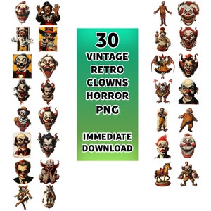 Pacote de 30 palhaços retrô vintage, palhaços PNG, horror, horror retrô, carnaval, circo vintage PNG, dia das bruxas, horror PNG