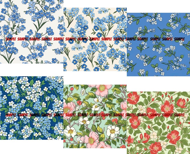 24 Paquete de patrones sin fisuras florales de China de placa fina de mediados del siglo XX 4: Papel digital, Texturas imprimibles, Uso comercial, Descarga instantánea imagen 4