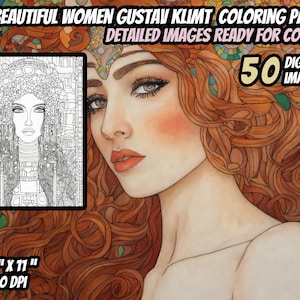 Puede incluir: Una página para colorear en blanco y negro con una mujer de pelo largo y un diseño detallado. La imagen mide 8,5 pulgadas por 11 pulgadas y 300 DPI. El texto "BEAUTIFUL WOMEN GUSTAV KLIMT COLORING PAGES DETAILED IMAGES READY FOR COLORS 50 DIGITAL IMAGES" está en la parte superior de la imagen.