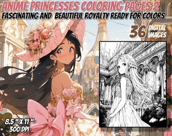 36 Anime Princesses 2 Coloring Pages for Adults Kids and Teens, 8.5 x 11, 300 DPI, Instant Download, Manga, Kawaii, coloring book, greyscale