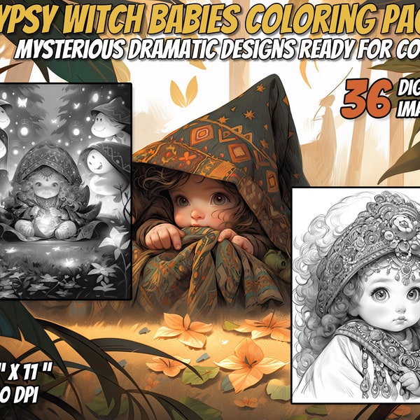 36 Gypsy Witch Babies Coloring Pages for Adults Kids and Teens, 8.5 x 11, 300 DPI, Instant Download, Gypsy Witch Babies Coloring book