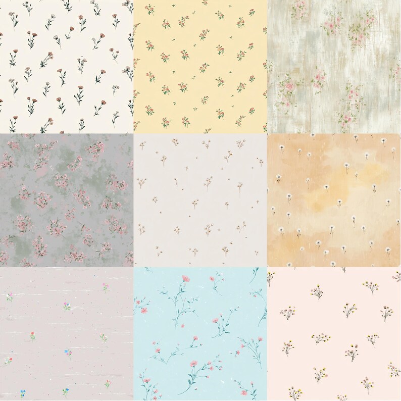 Pode incluir: Apresenta&ccedil;&atilde;o de nove padr&otilde;es florais diferentes. Os padr&otilde;es apresentam pequenas flores em v&aacute;rias cores, incluindo rosa, vermelho e amarelo, em fundos creme, amarelo e azul. Alguns fundos t&ecirc;m uma apar&ecirc;ncia texturizada.