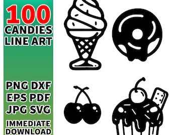 Pode incluir: Ilustrações de linha em preto e branco de vários doces e guloseimas, incluindo um cone de sorvete, um donut, um cupcake com uma cereza no topo e duas cerezas.