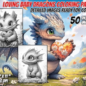 Loving Baby Dragons Coloring Book Pages, Printable Coloring Pages, Adult Coloring Pages, Kids Coloring Pages, Instant Download