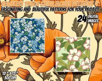 24 Mid-20th Century Fine Plate China Floral Seamless Patterns Pack 4 : Papier numérique, Textures imprimables, Utilisation commerciale, Téléchargement instantané