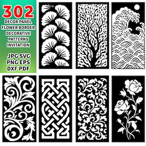 Pode incluir: Uma coleção de oito designs de painéis decorativos em preto e branco. Os designs incluem bordas florais, silhuetas de árvores, padrões de ondas e nós celtas. A imagem inclui o texto: "302 DECOR PANEL FLOWER BORDER DECORATIVE PATTERNS INVITATION JPG SVG PNG EPS DXF PDF."