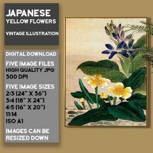 Japanese Flower Art Print 1, Japanese Art, Flower Wall Art, Floral Poster, Flower Poster, Yellow Green Artwork, Printable Wall Art