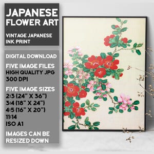 Japanese Flower Art Print, Japanese Art, Flower Wall Art, Floral Poster, Flower Poster, Red and Green Artwork, Printable Wall Art
