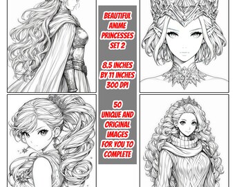 Anime Princess Set 2 Kleurplaten 50 Afbeeldingen - Kleurplaten voor volwassenen, Kleurplaten voor kinderen, Instant Download, Anime Princess, Afdrukbaar