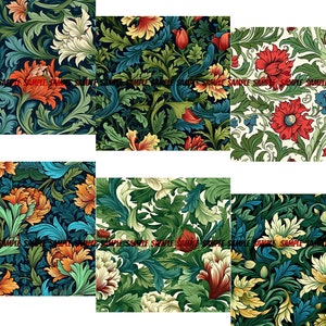 Floral Digital Paper Bundle, Flower Digital Paper, Floral Background, Vintage Scrapbook Paper, William Morris, 12x12 image 9