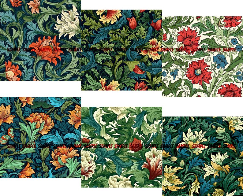 Floral Digital Paper Bundle, Flower Digital Paper, Floral Background, Vintage Scrapbook Paper, William Morris, 12x12 image 9
