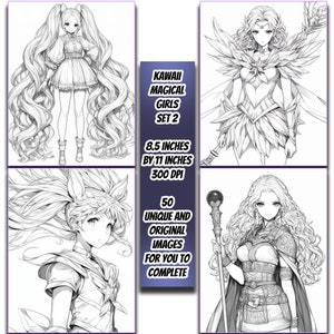 Kawaii Magical Girls Zestaw 2 Kolorowanki 50 Obrazów - Kolorowanki dla dorosłych, Kolorowanki dla dzieci, Natychmiastowe pobieranie, kawaii, magiczne dziewczyny