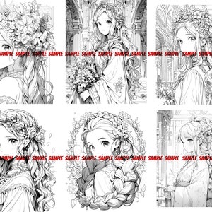 K&ouml;nnte beinhalten: Eine Schwarzwei&szlig;illustration von vier Frauen mit langen Haaren, die Blumenkr&auml;nze tragen. Jede Frau ist in einer anderen Pose und Umgebung dargestellt.
