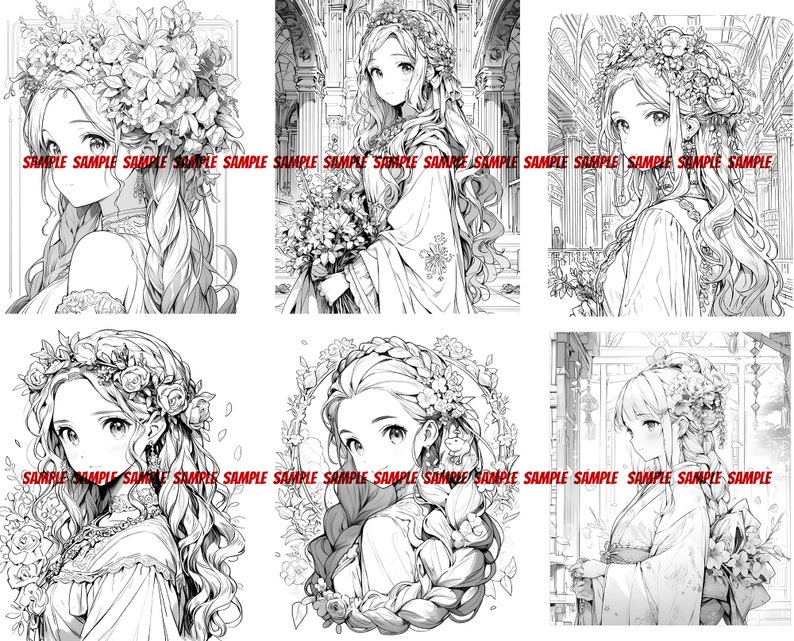 K&ouml;nnte beinhalten: Eine Schwarzwei&szlig;illustration von vier Frauen mit langen Haaren, die Blumenkr&auml;nze tragen. Jede Frau ist in einer anderen Pose und Umgebung dargestellt.