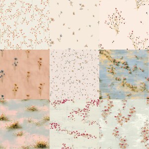 Pode incluir: Uma cole&ccedil;&atilde;o de nove designs de padr&otilde;es florais. Os padr&otilde;es apresentam flores delicadas em v&aacute;rias cores, incluindo rosa, vermelho, azul e amarelo, em fundos creme, p&ecirc;ssego e azul. Os arranjos florais variam em densidade e estilo.