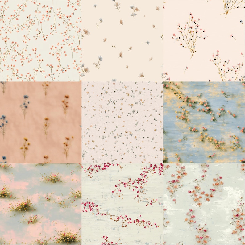Pode incluir: Uma cole&ccedil;&atilde;o de nove designs de padr&otilde;es florais. Os padr&otilde;es apresentam flores delicadas em v&aacute;rias cores, incluindo rosa, vermelho, azul e amarelo, em fundos creme, p&ecirc;ssego e azul. Os arranjos florais variam em densidade e estilo.