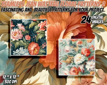 24 Jean-Antoine Watteau Inspirado Floral Seamless Patterns Pack 2: Papel Digital, Texturas Imprimibles, Uso Comercial, Descarga Instantánea