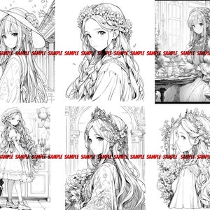 K&ouml;nnte beinhalten: Eine Schwarzwei&szlig;illustration von vier Frauen mit langen Haaren, die verschiedene Kleider und Kronen tragen. Die Frauen sind im Manga-Stil gezeichnet.