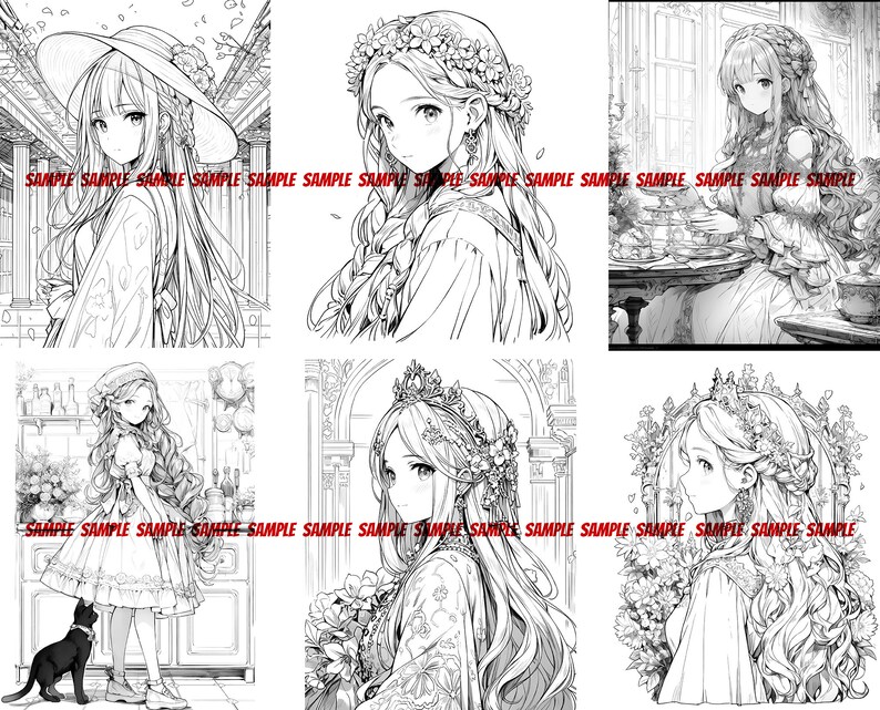 K&ouml;nnte beinhalten: Eine Schwarzwei&szlig;illustration von vier Frauen mit langen Haaren, die verschiedene Kleider und Kronen tragen. Die Frauen sind im Manga-Stil gezeichnet.