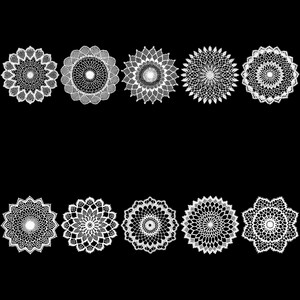 Puede incluir: Diez tapetes de encaje blanco con intrincados dise&ntilde;os florales se disponen sobre un fondo negro. Cada tapete presenta un dise&ntilde;o &uacute;nico, mostrando una artesan&iacute;a detallada. Las formas circulares y las texturas delicadas crean una est&eacute;tica cl&aacute;sica y elegante.