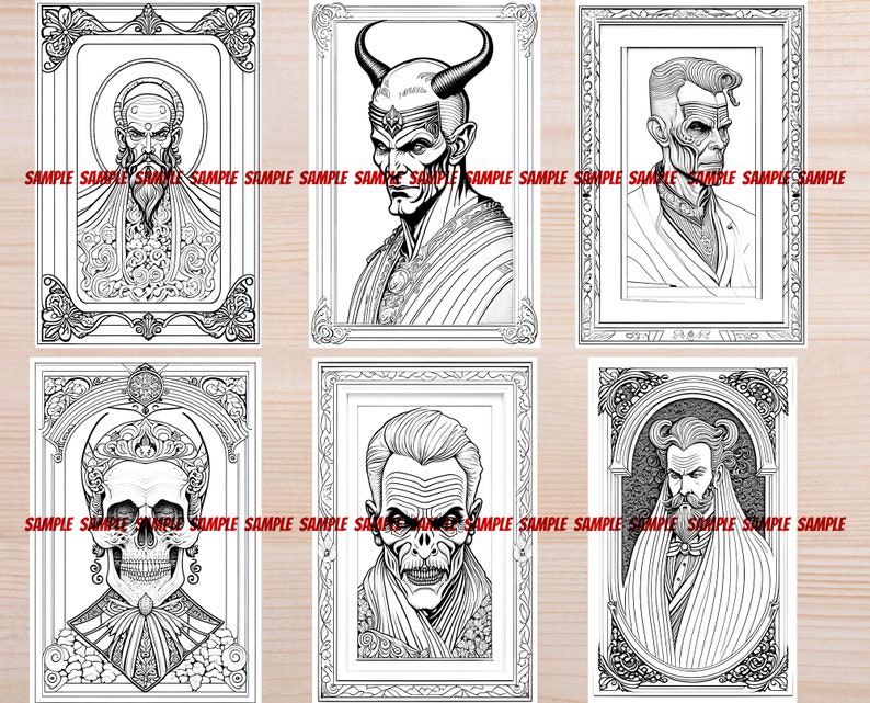 K&ouml;nnte beinhalten: Sechs Schwarzwei&szlig;illustrationen von verschiedenen Charakteren in verzierten Rahmen. Jede Illustration zeigt einen anderen Charakter mit einem einzigartigen Gesichtsausdruck und einer einzigartigen Frisur. Die Charaktere sind ein Mann mit langem Bart, ein Mann mit H&ouml;rnern, ein Mann mit rasiertem Kopf, ein Mann mit Schnurrbart, ein Mann mit einem Sch&auml;delkopf und ein Mann mit Bart.