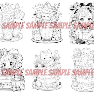 Pode incluir: Seis ilustra&ccedil;&otilde;es em preto e branco de sobremesas com personagens de desenhos animados fofinhos. As sobremesas incluem um parfait, um bolo e um milkshake. Os personagens s&atilde;o uma menina com um la&ccedil;o e um gato.