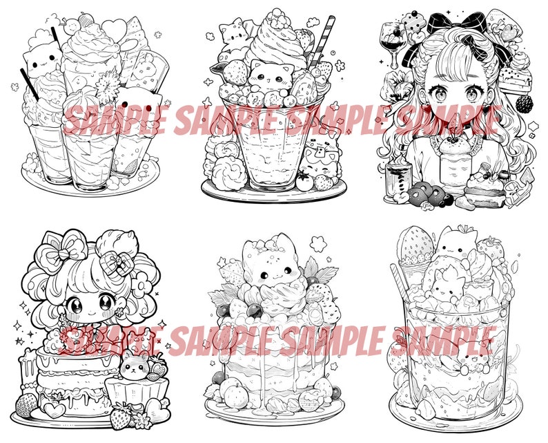 Pode incluir: Seis ilustra&ccedil;&otilde;es em preto e branco de sobremesas com personagens de desenhos animados fofinhos. As sobremesas incluem um parfait, um bolo e um milkshake. Os personagens s&atilde;o uma menina com um la&ccedil;o e um gato.