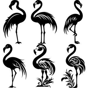 May include: Six black silhouette illustrations of flamingos in various poses. The flamingos are stylized and have a decorative look.