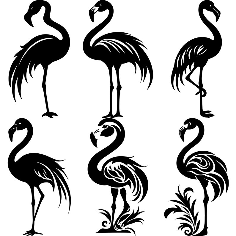 May include: Six black silhouette illustrations of flamingos in various poses. The flamingos are stylized and have a decorative look.