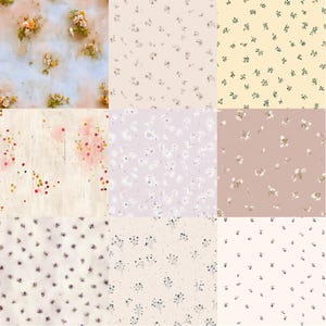 Pode incluir: Nove padr&otilde;es florais diferentes em uma grade. Os padr&otilde;es apresentam pequenas flores e folhas em v&aacute;rias cores, incluindo branco, rosa, amarelo e verde, em fundos rosa claro, bege e lavanda. Os desenhos s&atilde;o delicados e femininos.